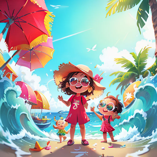 a cartoon of a woman and a child on a beach with a boat and palm trees in the background