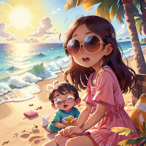 a woman and a child sitting on a beach next to the ocean with a sun in the background and a beach with a palm tree