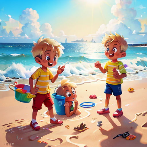 a group of children playing on the beach with toys and water in the background, with a sun shining on the ocean