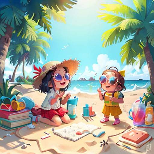a couple of kids sitting on top of a sandy beach next to a book and a book bag on a beach