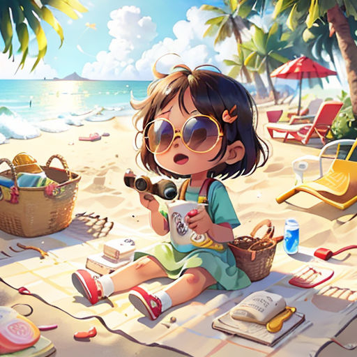 a little girl sitting on a blanket on the beach with a camera and a book in her hand and a book in her other hand