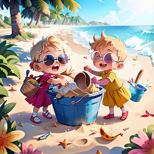 two children playing in a bucket on the beach with a starfish and shells in the sand and a beach with a palm tree