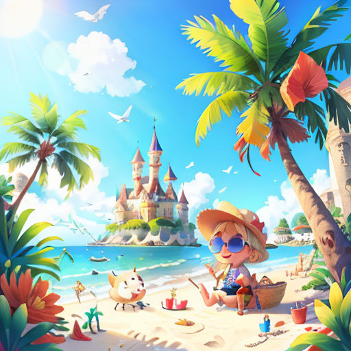 a cartoon girl sitting on a beach with a castle in the background and a beach with a lot of sand