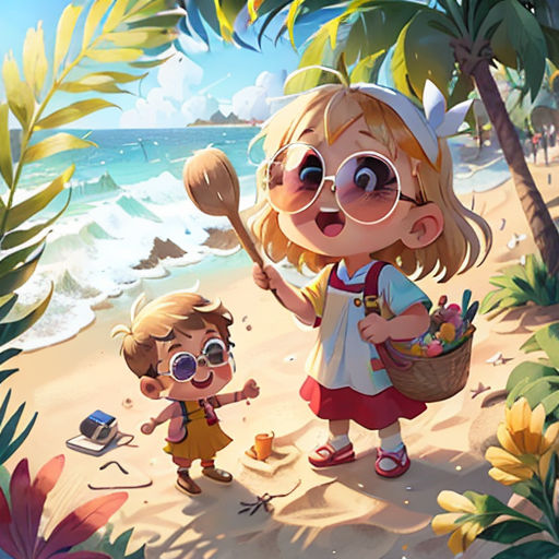 a little girl and boy on the beach with a basket of toys and a paddle and a hat on