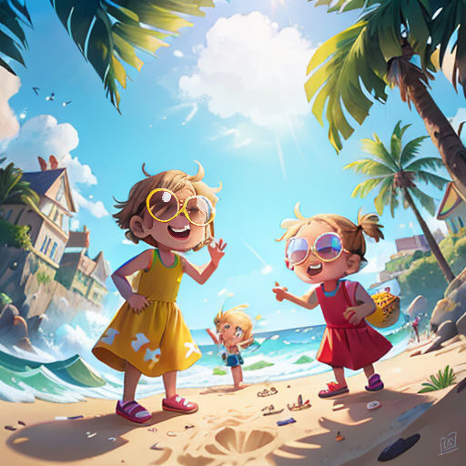 a couple of kids standing on top of a beach next to a palm tree covered beach with a house