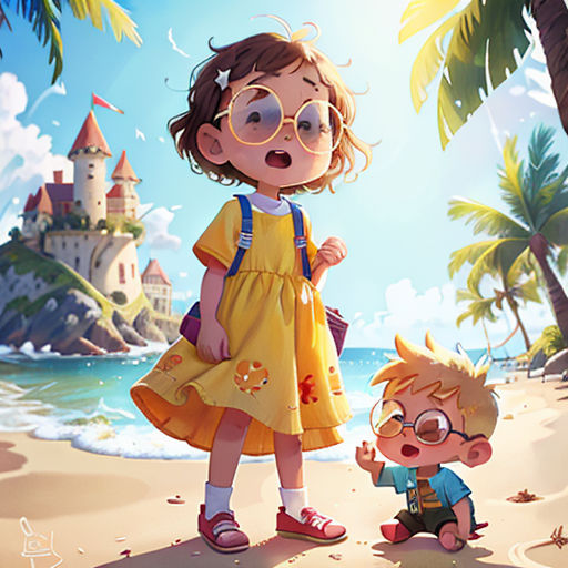 a little girl and a boy on a beach with a castle in the background and a little boy in the foreground
