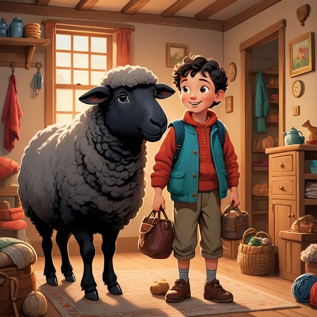 a boy standing next to a sheep in a room with a rug on the floor and a basket in front of him, american scene painting, a storybook illustration, Chris LaBrooy, storybook illustration