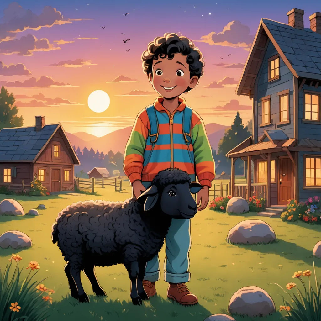 a boy standing next to a black sheep in a field near a house at sunset with a full moon, american scene painting, a storybook illustration, David Brewster, storybook illustration