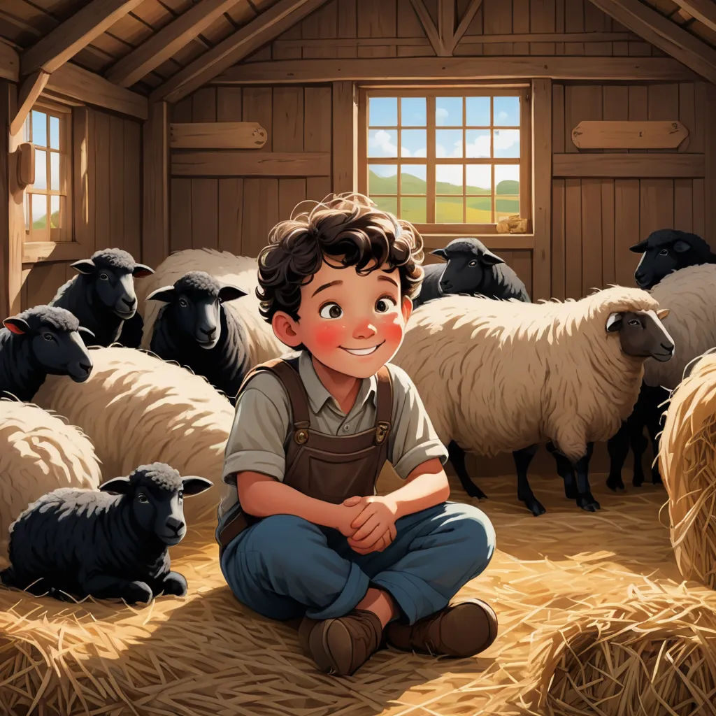 a boy sitting in a barn with a herd of sheep in the background and a window in the background, lyco art, a storybook illustration, Diego Gisbert Llorens, storybook illustration