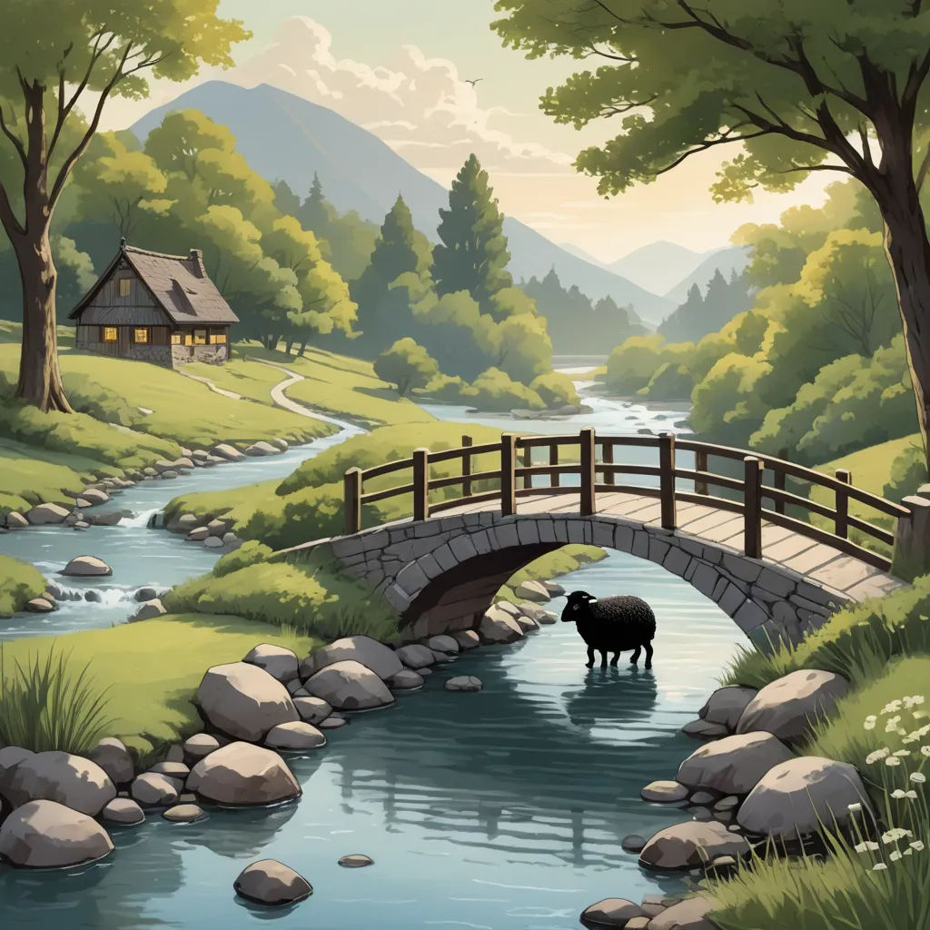 a painting of a bridge over a river with a sheep standing on it and a house in the background, american scene painting, a storybook illustration, Chris LaBrooy, storybook illustration