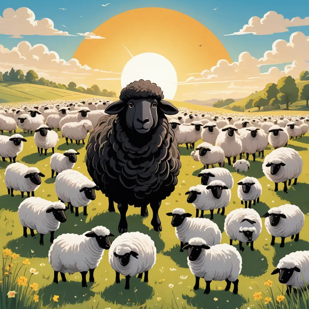 a painting of a sheep standing in a field of sheep with the sun in the background and clouds in the sky, institutional critique, a storybook illustration, Colin Middleton, promotional image