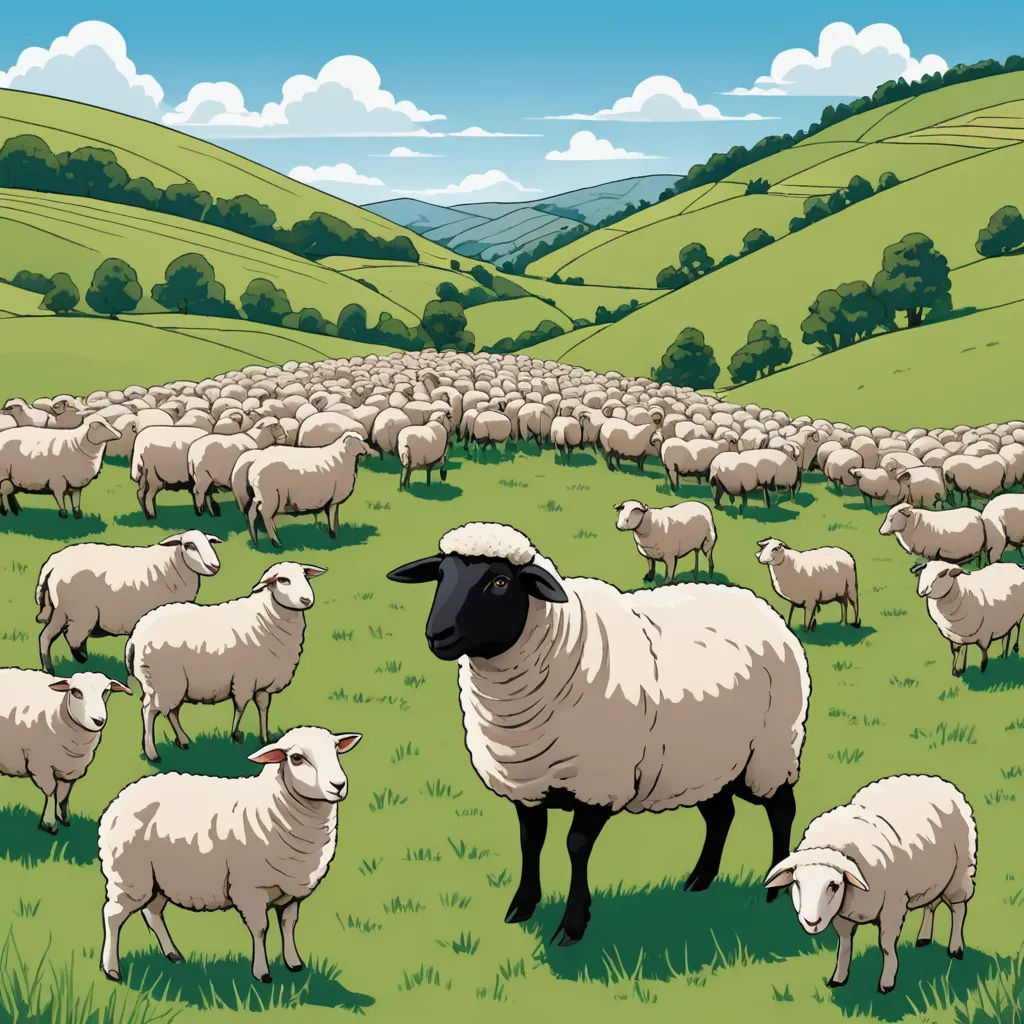 a herd of sheep grazing in a green field with hills in the background and clouds in the sky above, institutional critique, a storybook illustration, Asaf Hanuka, promotional image