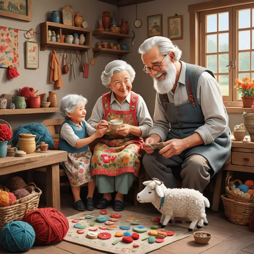 a painting of an elderly couple and two children playing with a sheep and a sheep toy in a room with many other items, naive art, a storybook illustration, Chris LaBrooy, extremely detailed oil painting