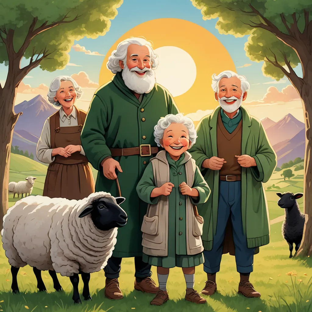 a painting of a family with sheep and sheepdogs in a field with mountains in the background and sun in the sky, sots art, a storybook illustration, Ada Gladys Killins, official art