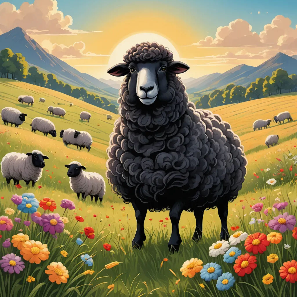 a painting of a sheep standing in a field of flowers with mountains in the background and a sun setting, naive art, a storybook illustration, Chris LaBrooy, promotional image