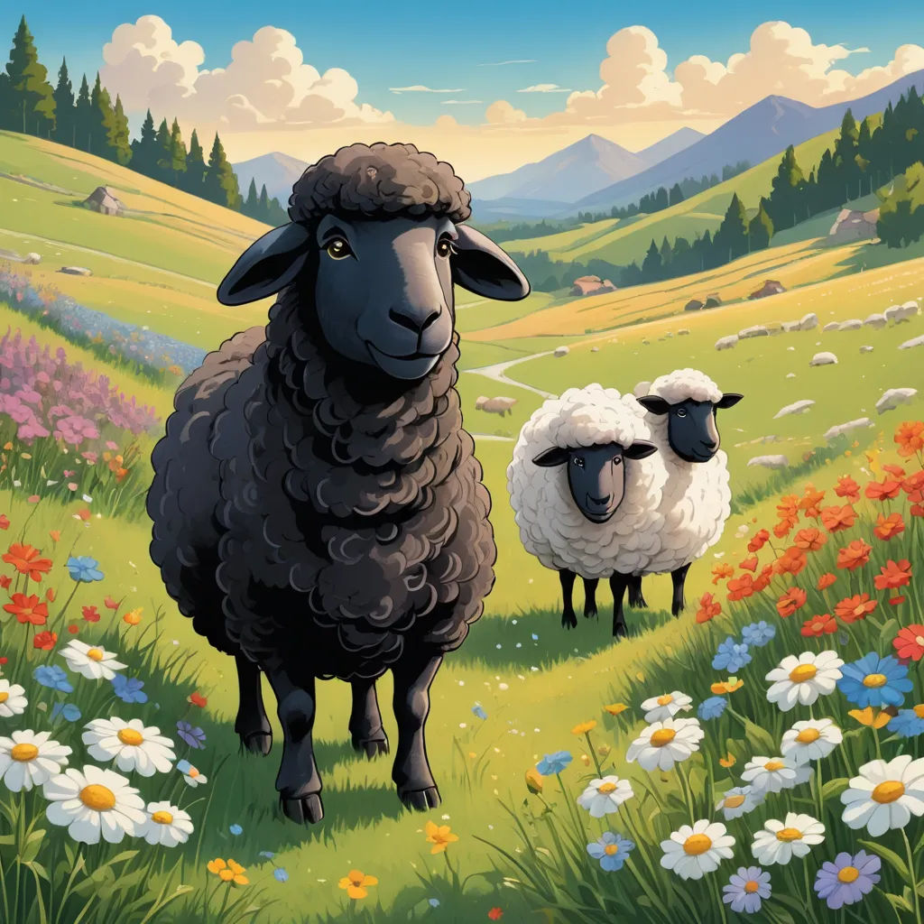 a painting of two sheep in a field of flowers and grass with mountains in the background and clouds in the sky, naive art, a storybook illustration, Chris LaBrooy, official art