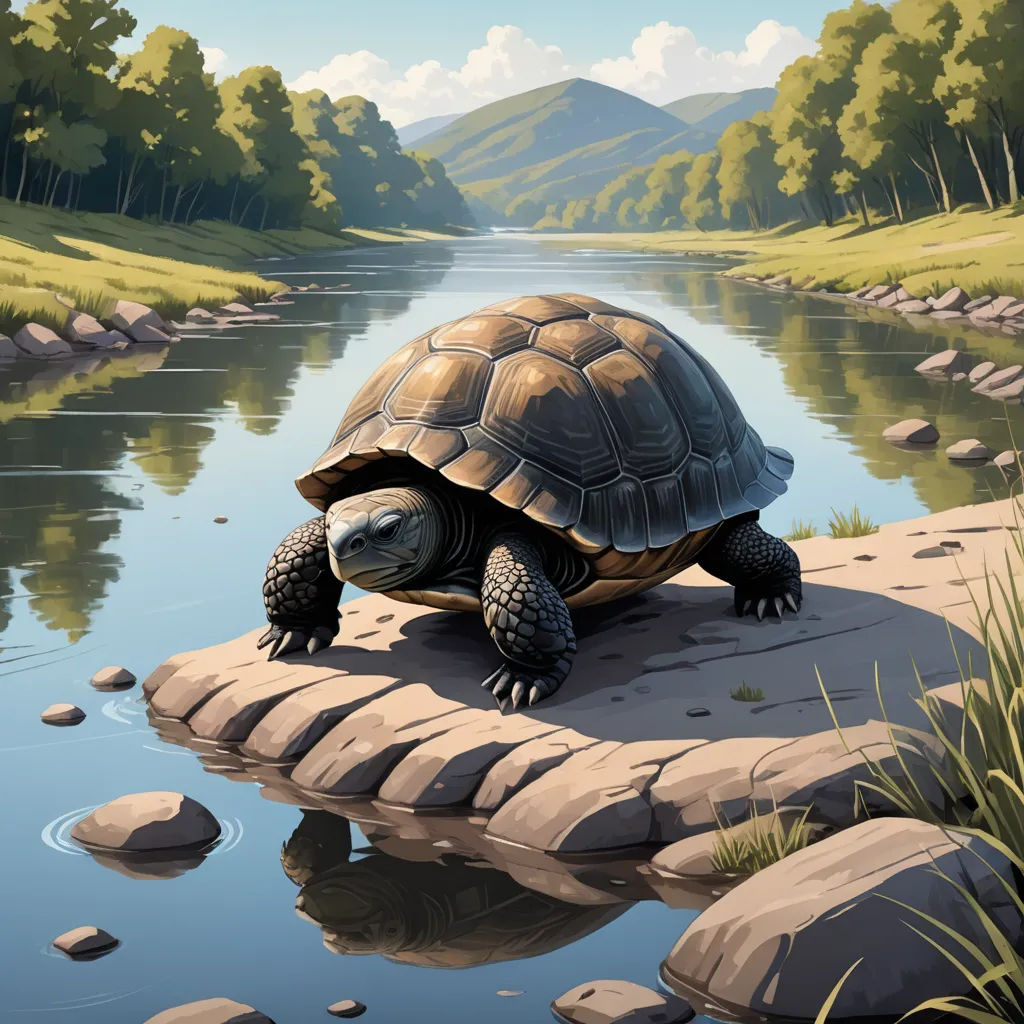 a turtle is sitting on a rock by a river and some grass and rocks are around it and there is a mountain in the background, american scene painting, a storybook illustration, Chris LaBrooy, golden ratio illustration