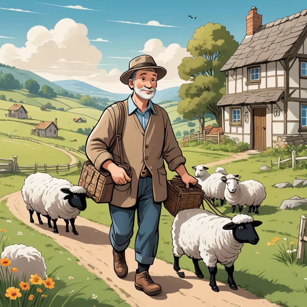 a man walking down a path with sheep in a field behind him and a house in the background with a sky background, american scene painting, a storybook illustration, Chris LaBrooy, storybook illustration