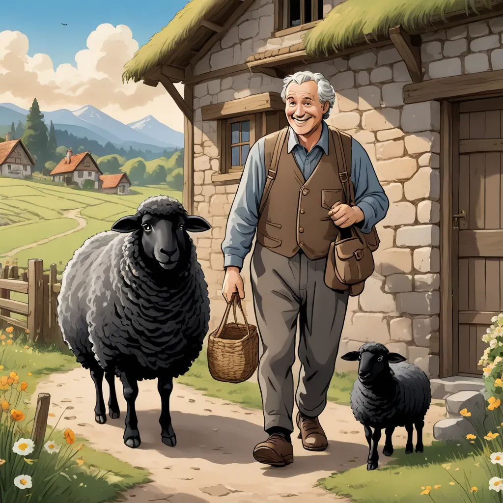 a man walking with two sheep down a path to a farm house with a thatched roof and a stone building, american scene painting, a storybook illustration, Colin Middleton, storybook illustration