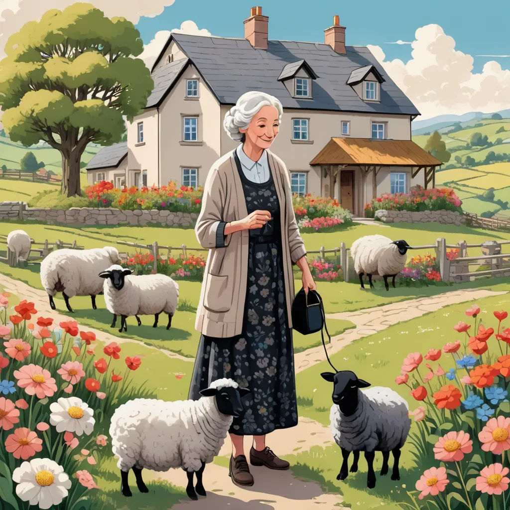a painting of a woman with a dog and sheep in a field of flowers and flowers, with a house in the background, naive art, a storybook illustration, Colin Middleton, storybook illustration