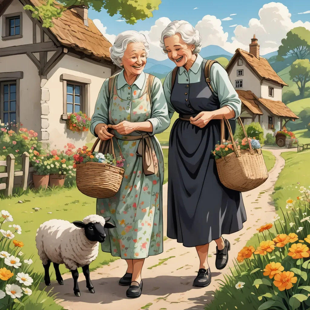 two women walking down a path with a sheep and a house in the background, with flowers in the foreground, american scene painting, a storybook illustration, Brothers Hildebrandt, highly detailed digital painting