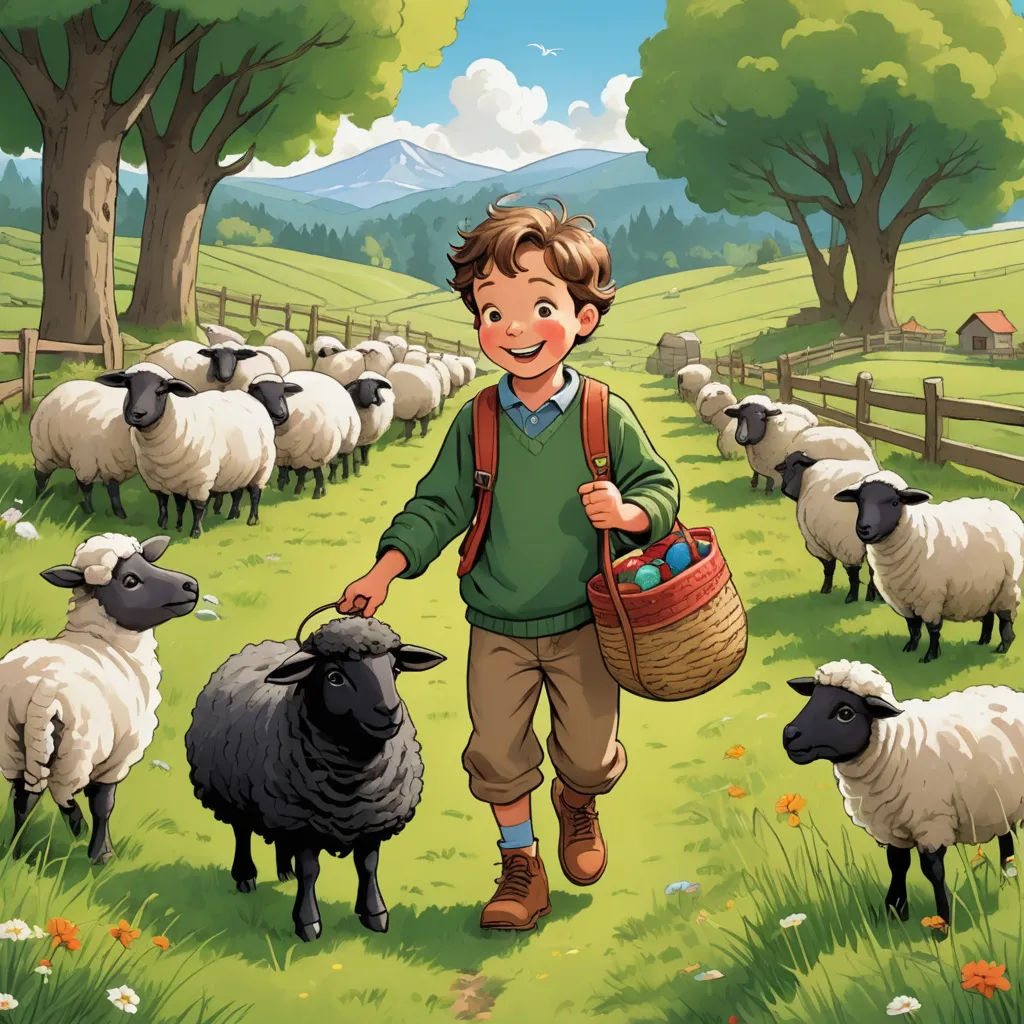 a boy is walking with a basket of eggs in front of a herd of sheep in a field with a fence, lyco art, a storybook illustration, David Young Cameron, official art