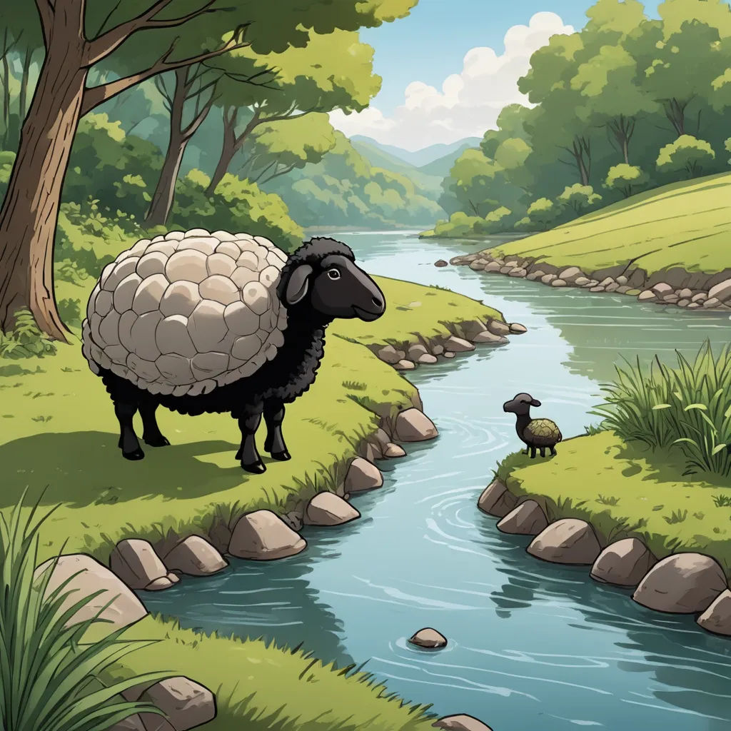 a sheep and a duck are standing by a river in a forest with a stream running through it and a grassy area with rocks and grass, environmental art, a storybook illustration, Chris LaBrooy, storybook illustration