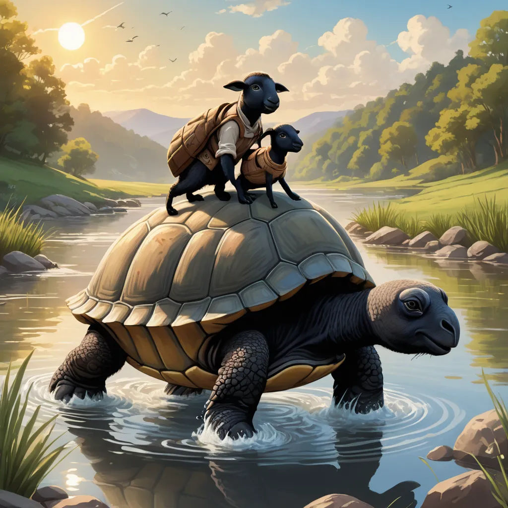 a dog riding on top of a turtle in a river with another dog on its back and another dog on its back, fantasy art, a storybook illustration, Chris LaBrooy, storybook illustration