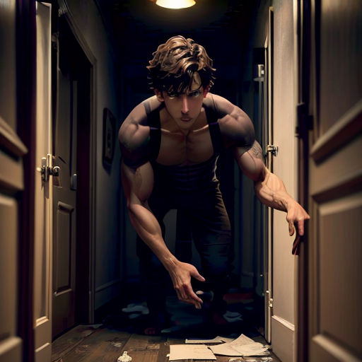 a man is standing in a hallway with his hands on the floor and looking at papers on the floor
