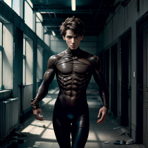 a man in a futuristic suit walking down a hallway with a light shining on him and a window behind him