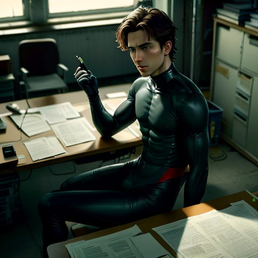 a man in a black suit sitting at a desk with papers and a pen in his hand and a cell phone in his hand