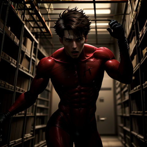 a man in a red suit is in a library with a gun in his hand and a red mask on