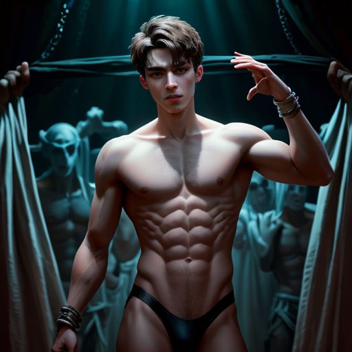 a man in a black underwear standing in front of a curtain with his hands on his hips and his shirt open