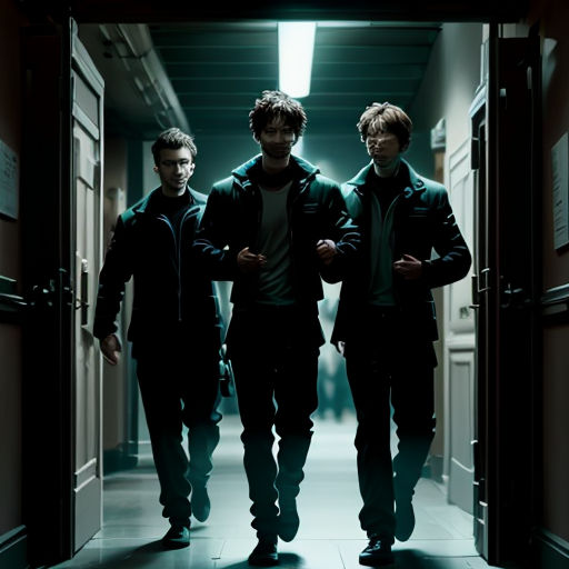 two men walking down a hallway in a building with doors open to the hallway and one man in the middle of the hallway
