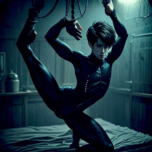 a man in a black suit is doing a trick on a bed with a light on his head and hands in the air