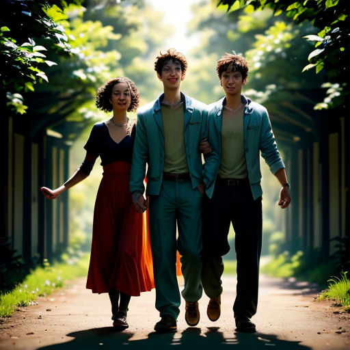 three people walking down a path in the woods together, one of them is holding the hand of the other