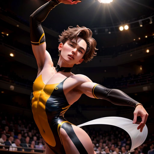 a woman in a costume is dancing in a stadium with a crowd watching her on the sidelines and a spotlight