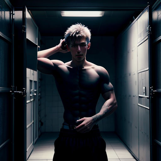 a man with a muscular body standing in a hallway with his hands on his head and looking at the camera