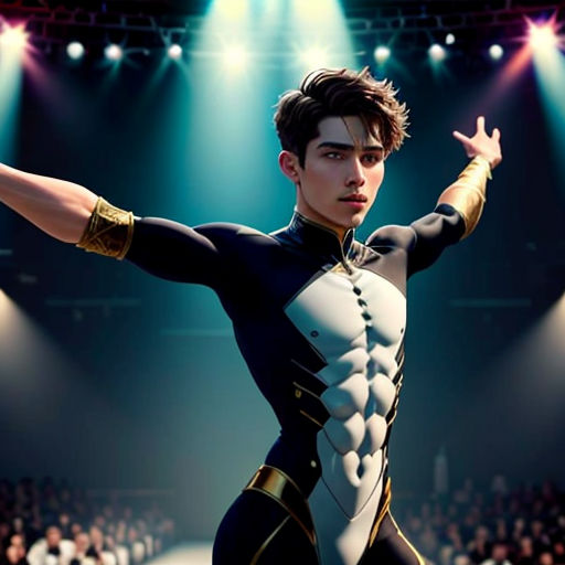 a man in a black and white outfit is dancing in front of a crowd of people in a theater