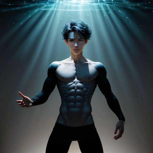 a man with a muscular body standing in the spotlight of a light beam with his hands out to his chest