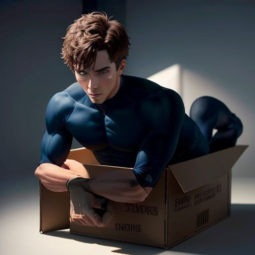 a man in a blue suit is sitting in a box with his hands on his knees and his face in the box