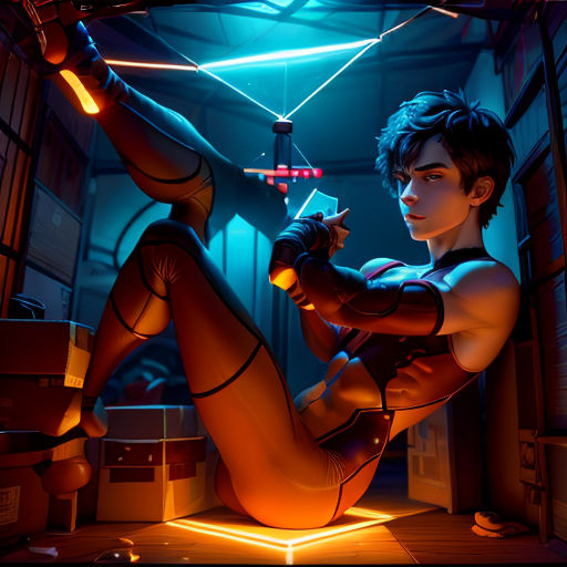a man in a sci - fie suit is holding a gun in a room with a neon light