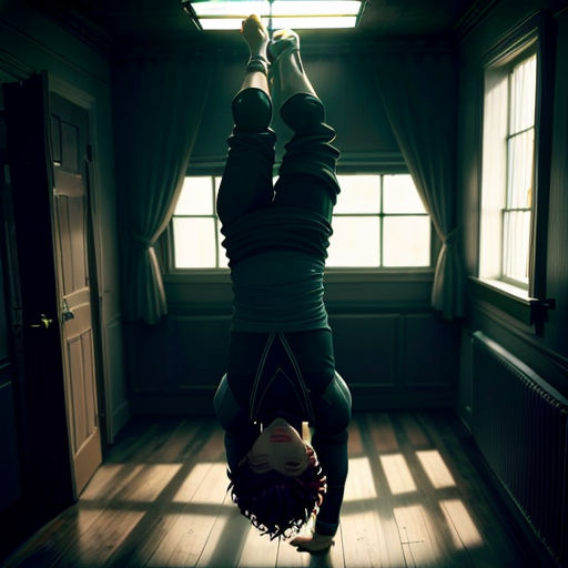 a person doing a handstand in a dark room with sunlight coming through the window and a person standing on one leg