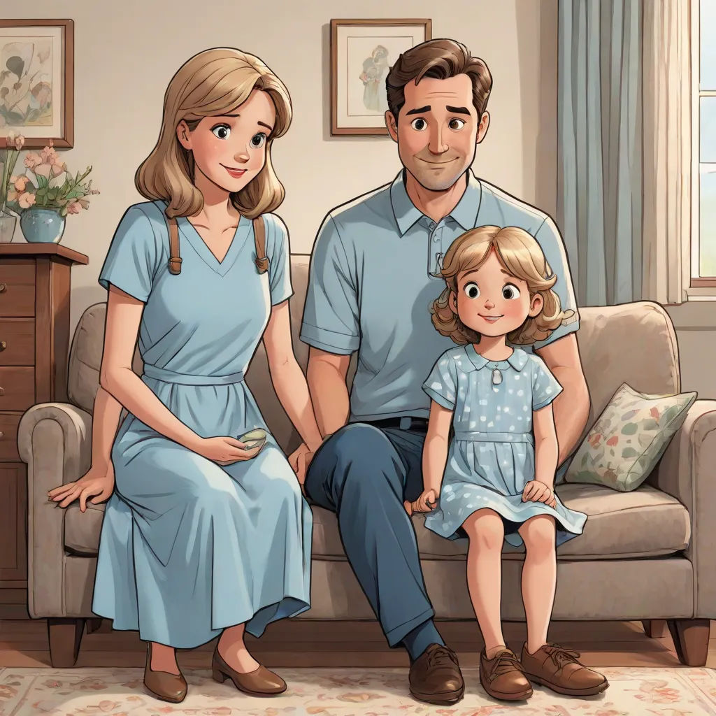a man and woman sitting on a couch with a little girl in front of them, and a man standing behind them, american realism, a storybook illustration, disney, official art