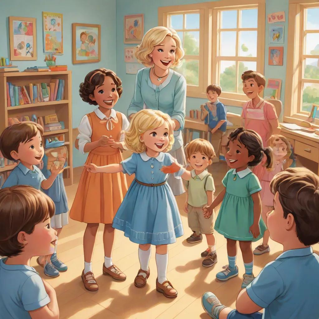 a painting of a teacher teaching children in a classroom with a teacher in the background and a teacher in the foreground, american scene painting, a storybook illustration, Carol Sutton, storybook illustration