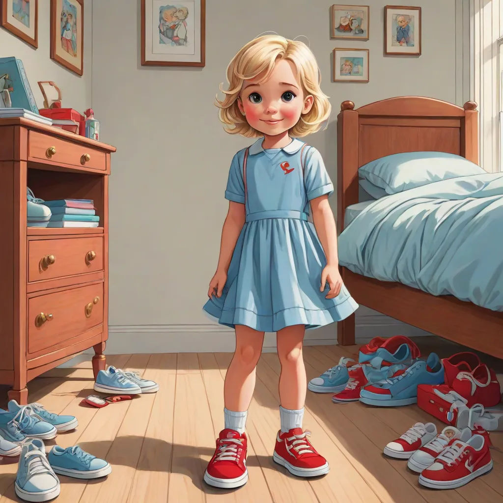 a painting of a little girl standing in a bedroom with shoes on the floor and a dresser with a bed in the background, photorealism, a storybook illustration, Bob Byerley, pixar and disney animation