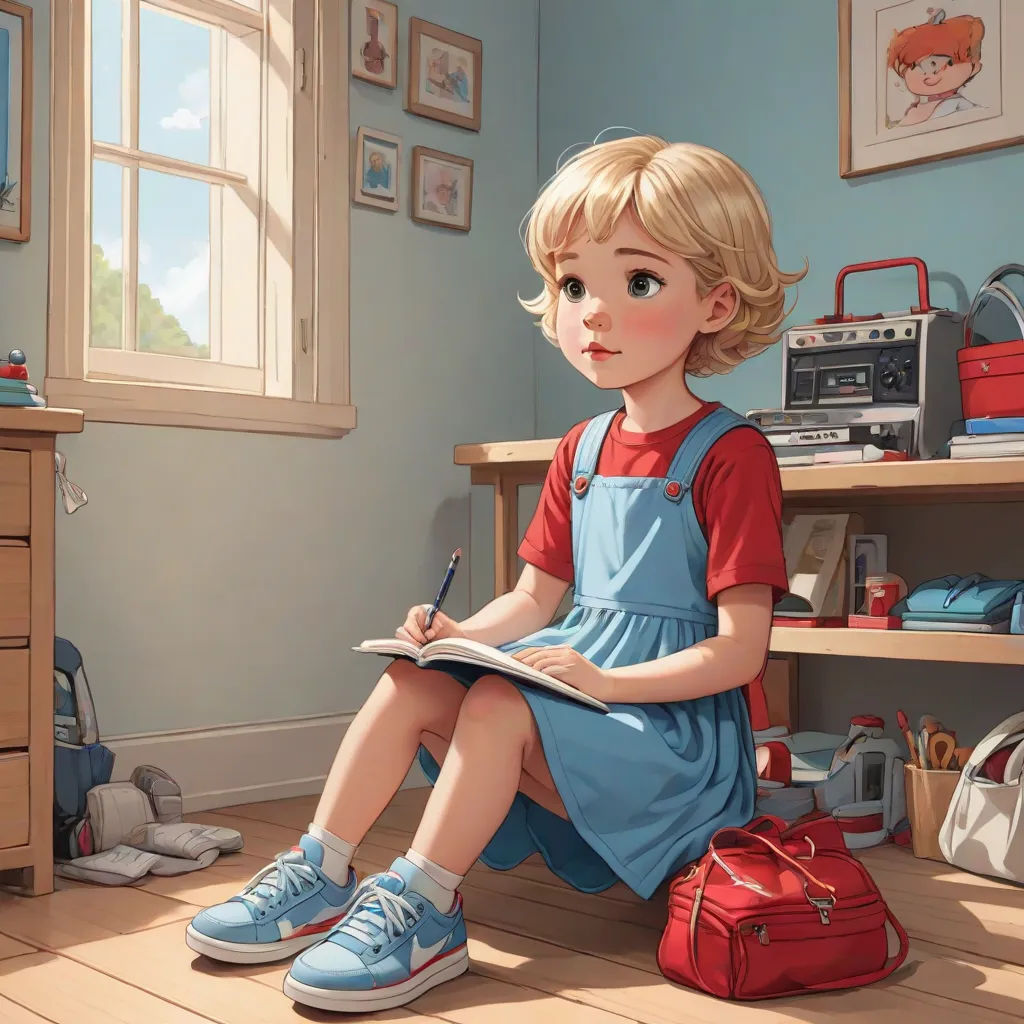 a painting of a little girl sitting on the floor writing on a book while holding a pencil and a red bag, photorealism, a storybook illustration, artist, cgstudio
