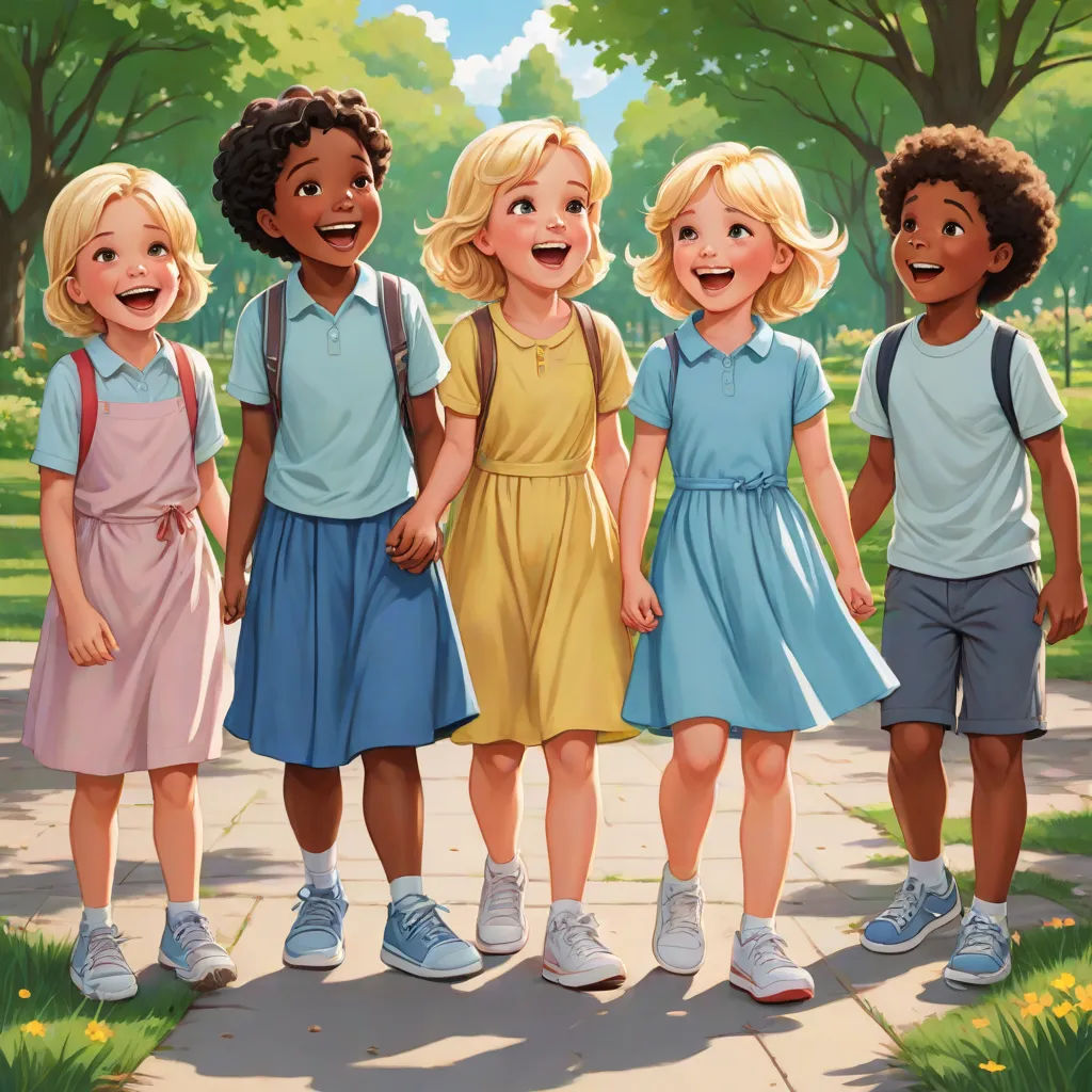 a group of children standing on a sidewalk in a park with trees and grass in the background and a cartoon of a group of children standing on a sidewalk, american scene painting, a storybook illustration, F Scott Hess, official art