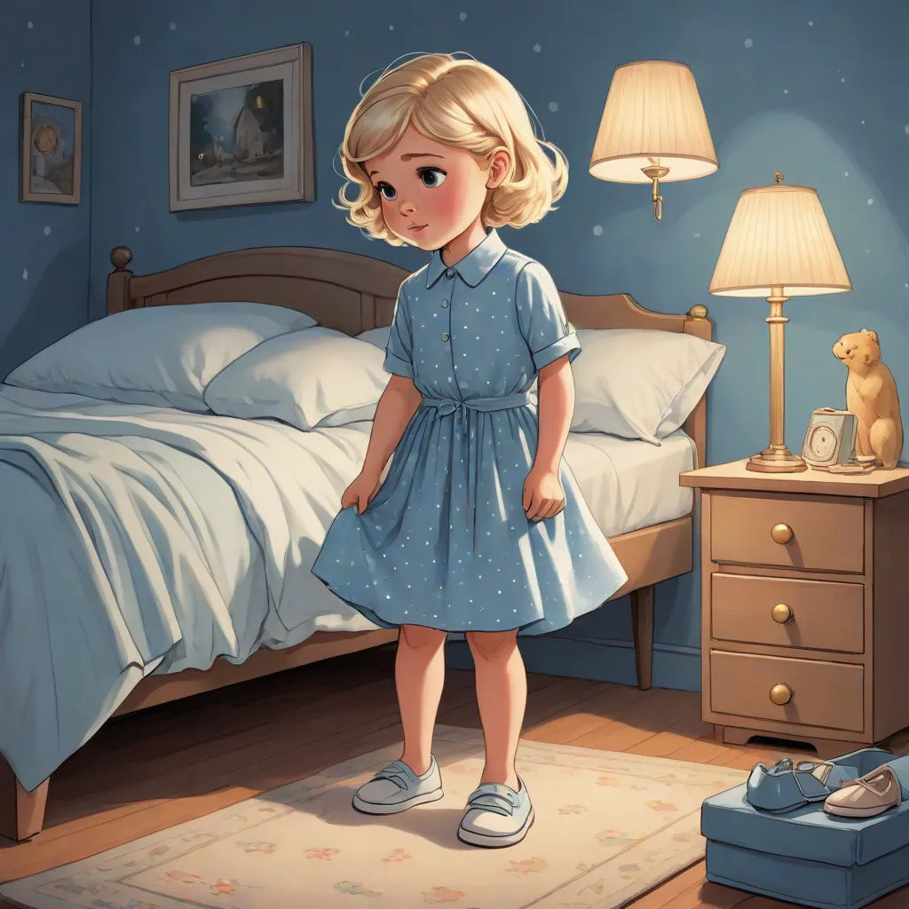 a little girl standing in a bedroom next to a bed and a suitcase on the floor next to a lamp, remodernism, a storybook illustration, Clarice Beckett, storybook illustration