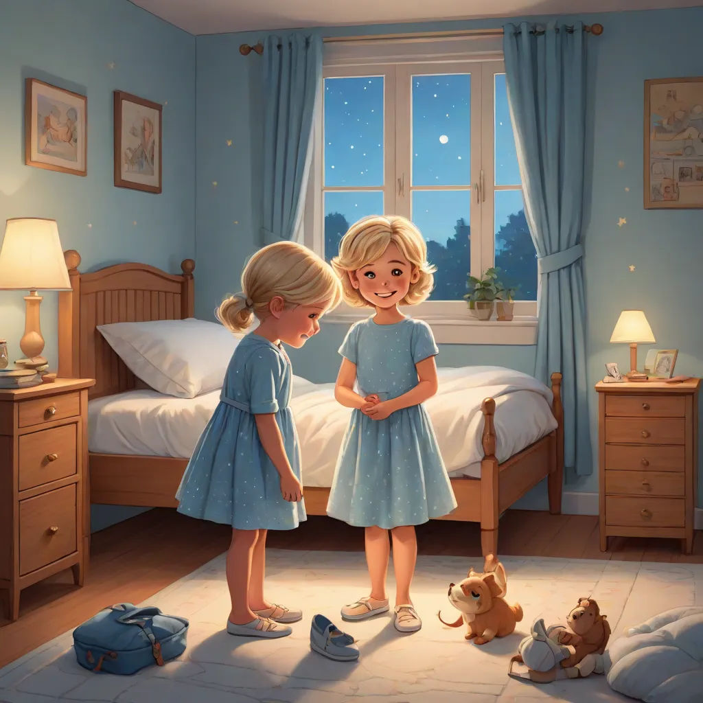 two little girls standing in a bedroom with a teddy bear and a teddy bear toy on the floor next to a bed, american scene painting, a storybook illustration, Brothers Hildebrandt, storybook illustration